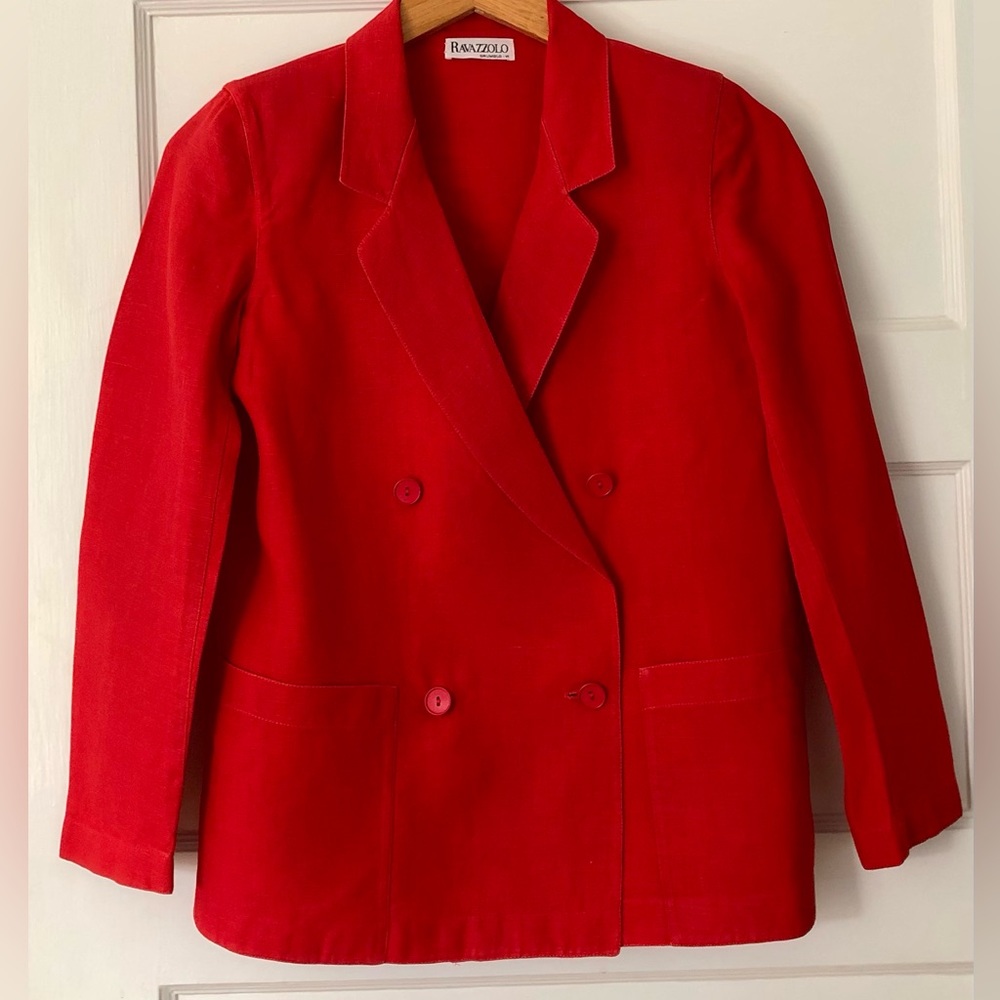 Red Linen Blazer, Vintage Italian Linen Double-breasted Blazer, Red, Size M